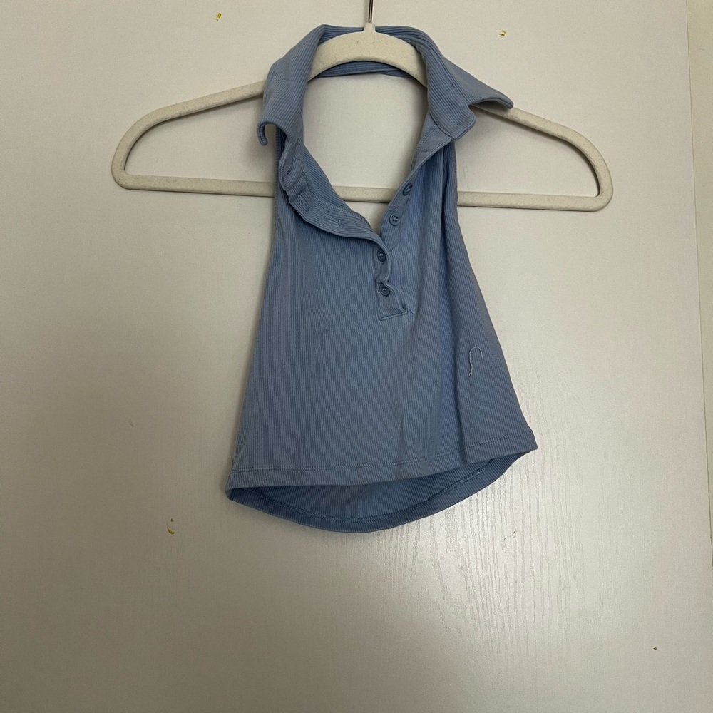 cropped blue tank top, collared, button up